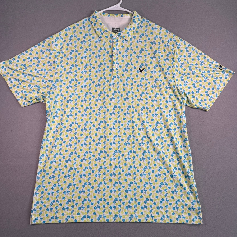 Callaway Polo‎ Shirt Mens XL White Flamingo Tropical Print Golf Opti-Dri AOP
